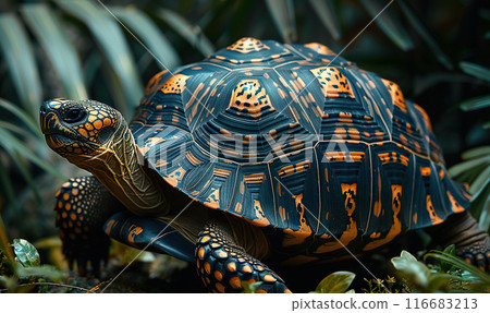 A turtle sunbathes on a rock surrounded by lush greenery and calm waters. Generate AI A turtle sunbathes on a rock surrounded by lush greenery and calm waters. Generate AI 116683213