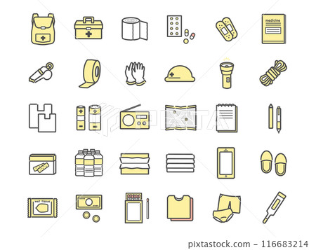 Disaster prevention supplies, disaster prevention goods, item icon set 116683214