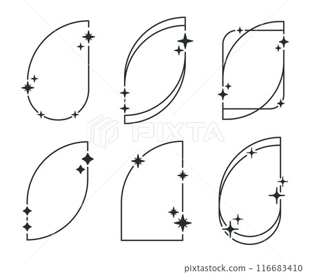 Abstract arch y2k frames. Minimalist outline arch shapes with stars and sparkles, trendy y2k aesthetic frames flat vector illustration set. Modern geometric retro frames Abstract arch y2k frames. Minimalist outline arch shapes with stars and sparkles, trendy y2k aesthetic frames flat vector illustration set. Modern geometric retro frames 116683410