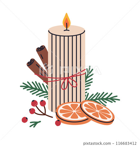 Candle with Christmas decorations. Xmas scented wax candle, aroma winter holiday interior decor flat vector illustration. Hand drawn wax candle 116683412