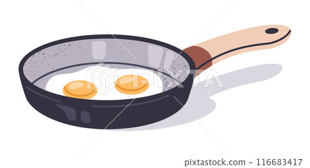 Frying pan with eggs. Cooking frying eggs, morning breakfast omelet or scrambled eggs cook, non-stick frying pan flat vector illustration. Food preparation kitchenware 116683417
