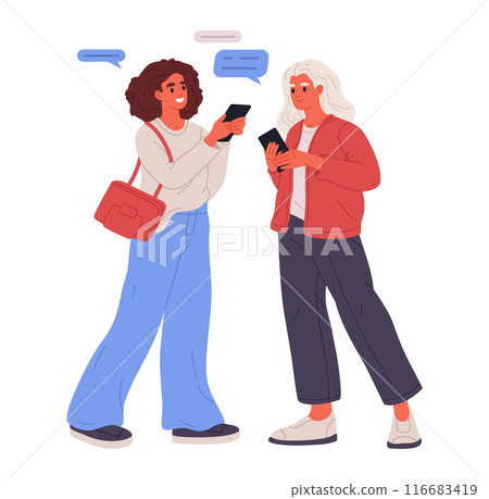 Girls holding smartphones. Young women use cellphones, female characters chatting or surfing internet flat vector illustration. Women with phones in hands 116683419