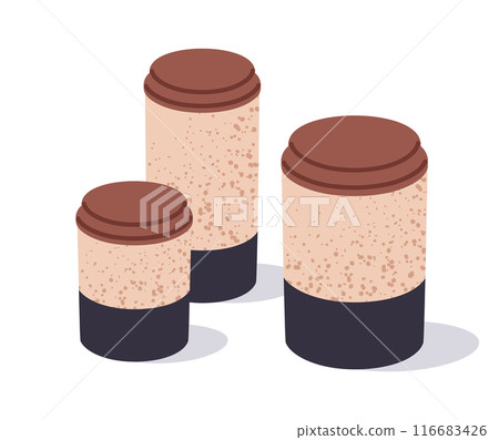 Storage jars. Empty food boxes for spices, cereal and pasta, food storing clay kitchenware jars flat vector illustration set. Household food containers 116683426