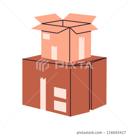 Warehouse boxes stack. Cardboard stacked cargo boxes, carton packages pile flat vector illustration. Hand drawn moving or delivery boxes on white Warehouse boxes stack. Cardboard stacked cargo boxes, carton packages pile flat vector illustration. Hand drawn moving or delivery boxes on white 116683427