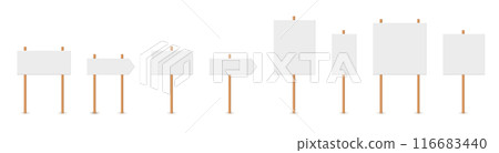 Picket sign, demonstration banners, public transparency, protest placard. Design blank boards with sticks, wooden holders template. Concept sign picket element Picket sign, demonstration banners, public transparency, protest placard. Design blank boards with sticks, wooden holders template. Concept sign picket element 116683440