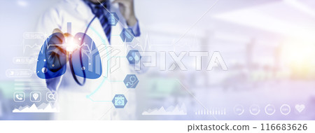 medical technology diagnosis of pulmonary concept. Symptoms after contracting coronavirus disease (COVID-19). long covid 19, Medical technology analyzes virtual screen interface. hospital background 116683626