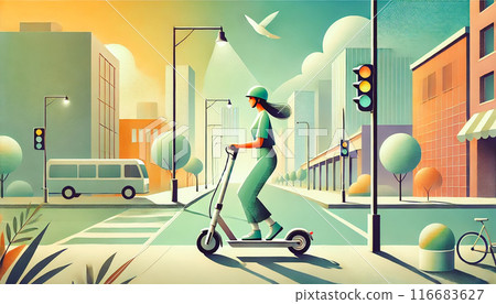 Woman riding an electric scooter through a futuristic cityscape 116683627