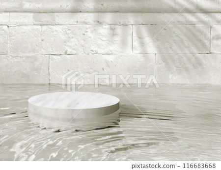 White marble pedestal reflects in water, creating minimalist sophistication and serene calmness 116683668