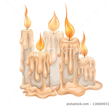Vector illustration of melting wax candle composition on white background. Religious paraffin candles. Spa and aromatherapy. 116684031