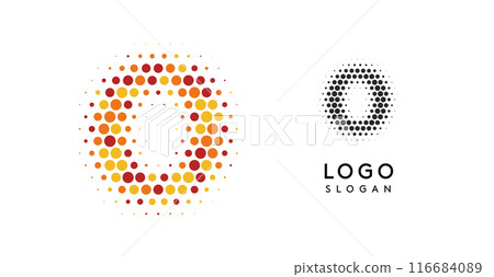 Abstract letter O logo with orange to red gradient dots, modern minimalist design for business branding, corporate identity, technology firms. Stylish and professional symbol. Vector illustration 116684089