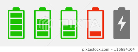 Battery charge indicator icons. Phone charge level. Discharged and fully charged battery. Battery charge from high to low. Battery charge indicator icons. Phone charge level. Discharged and fully charged battery. Battery charge from high to low. 116684104