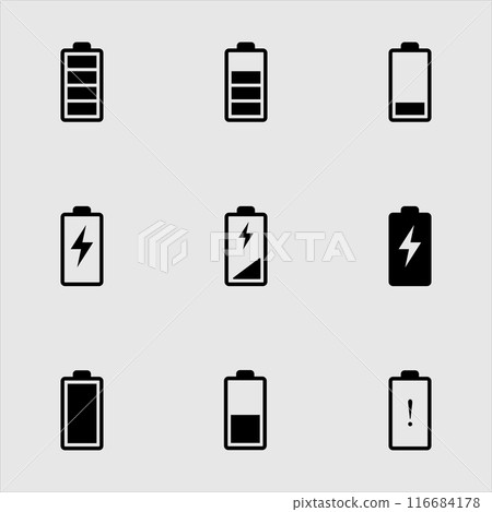 Battery level capacity indicator icon set. Collection of charging battery symbol illustration Battery level capacity indicator icon set. Collection of charging battery symbol illustration 116684178