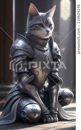 A close up of a cat dressed in armor holding a sword 116684246