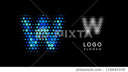 Abstract letter W logo with blue gradient dots, modern minimalist design. Ideal for business branding, corporate identity, technology firms. Stylish and professional symbol. Vector illustration. 116684349