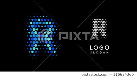 Abstract letter R logo with blue gradient dots, modern minimalist design. Ideal for business branding, corporate identity, technology firms. Stylish and professional symbol. Vector illustration Abstract letter R logo with blue gradient dots, modern minimalist design. Ideal for business branding, corporate identity, technology firms. Stylish and professional symbol. Vector illustration 116684360