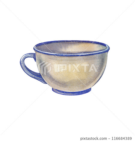 Watercolor vintage tea cup on with blue border on white background. Elegant ceramic teacup, detailed illustration. Victorian style. Perfect for kitchen decor, recipe books, tea designs, and cafes. 116684389