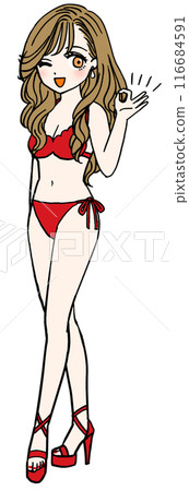 Woman in red swimsuit giving OK sign (full body) 116684591
