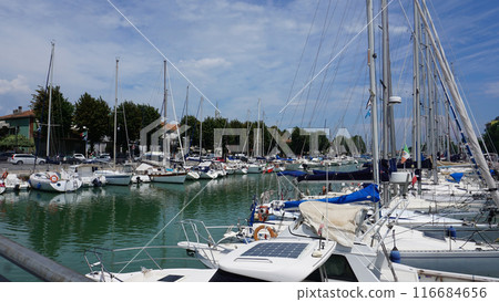 Summer view of pier with ships, yachts and other boats with ferris wheel in Rimini, Italy. 116684656