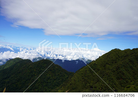 Kanchenjunga Peak Shown Between two Mountain from Silk Route Sikkim 116684706