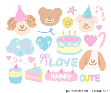 Pastel illustrations of puppy, teddy bear, candy cane, cake, cupcake, heart, cloud, ribbon, star for cute stickers, cartoon, character, icon, summer, shirt print, happy emoji, birthday, animal, pet 116684833