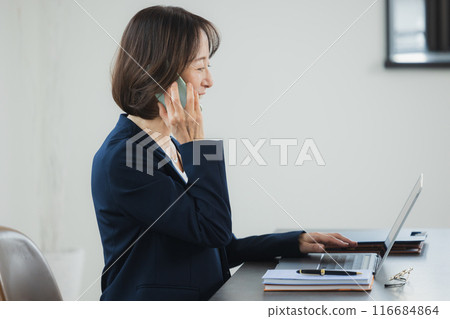 Middle-aged business woman working on a laptop 116684864