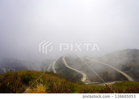 SILK ROUTE ZIG ZAG ROAD IN CLOUDY WEATHER IN SIKKIM 116685053