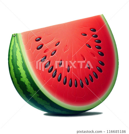 A large half-moon slice of watermelon with a shadow. AI generated material A large half-moon slice of watermelon with a shadow. AI generated material 116685186
