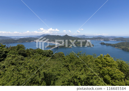 Hakata-Oshima Bridge and Funaori Strait (Seto Inland Sea) as seen from Kareiyama Observatory (Shimanami Kaido) Hakata-Oshima Bridge and Funaori Strait (Seto Inland Sea) as seen from Kareiyama Observatory (Shimanami Kaido) 116685584