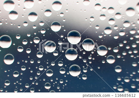 Straight view of water droplets on clear glass on blurred nature background. Suitable for design and wallpaper 116685612