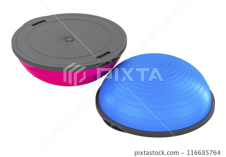 Two Balls Balance Hemisphere Fitness for Gym, 3D rendering Two Balls Balance Hemisphere Fitness for Gym, 3D rendering 116685764