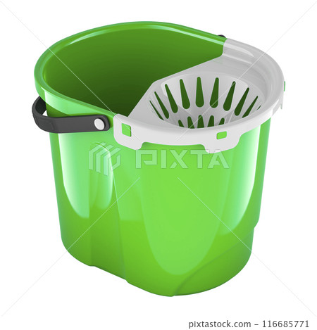 Green Mop Bucket with classic wringer, 3D rendering 116685771