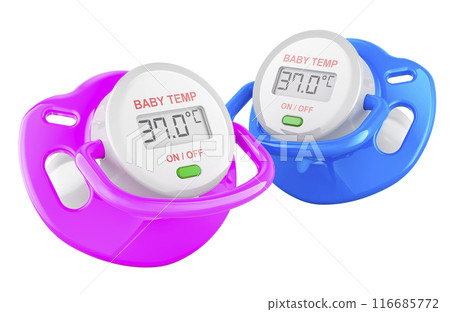 Digital Pacifier Thermometers, pink and blue. 3D rendering 116685772