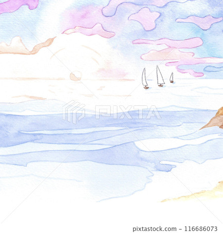 Hand drawn watercolor landscape with sea sunset and boats isolated on white background. Can be used for cards, poster and other printed products. Hand drawn watercolor landscape with sea sunset and boats isolated on white background. Can be used for cards, poster and other printed products. 116686073