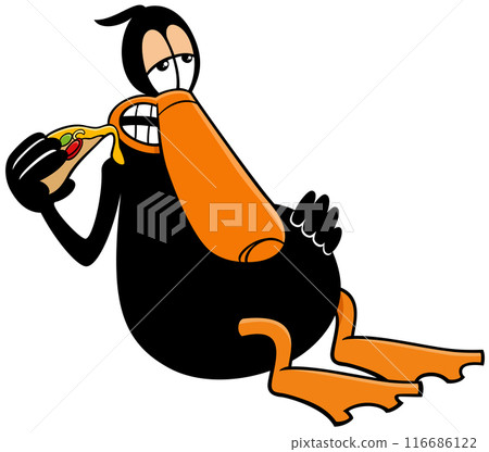 cartoon black duck character eating pizza 116686122