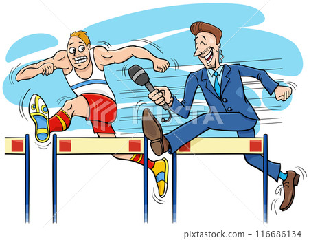 hurdle runner and reporter cartoon illustration 116686134