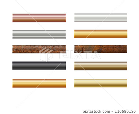 Pipe set isolated on background. Chrome, rusty, steel, golden, copper and iron pipes profile. Cylinder metal tubes. Vector 116686156