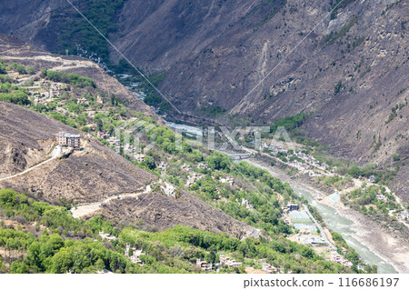 Danba Jiaju Tibetan Village was rated as the most beautiful villages in China with hundreds of Tibetan-style houses built along the mountains fertile fields 116686197