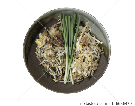 Fried Thai Noodle (pad thai) and Stirred fried turnip cake or Fried radish cake isolated on white background with clipping path. 116686479