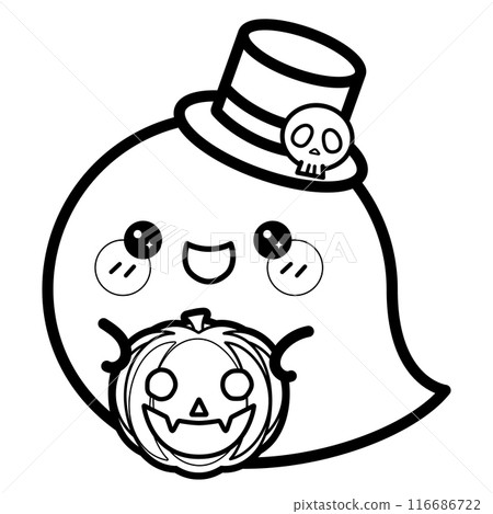 A cute ghost character holding a Halloween pumpkin [monochrome line drawing/coloring book] 116686722