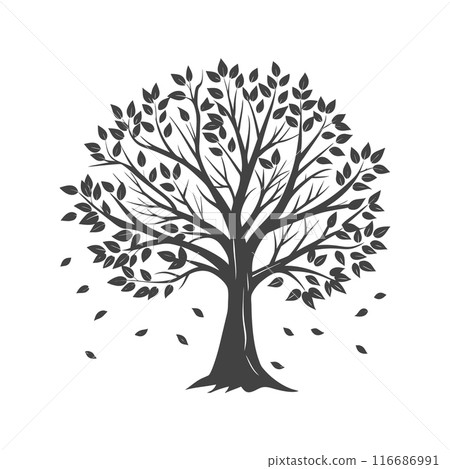 Silhouette of an autumn tree with falling leaves on a white background. Black and white illustration, sketch, design element 116686991