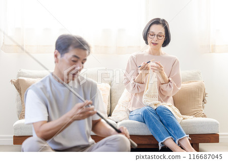 A middle-aged couple spending their holidays in the living room 116687045