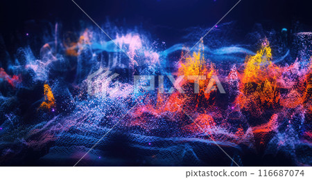 Abstract moving futuristic landscape of particles and dots of energy magic with glow and blur effect, abstract background Abstract moving futuristic landscape of particles and dots of energy magic with glow and blur effect, abstract background 116687074