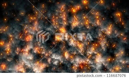 Abstract bright fiery sparks and dark gray bonfire smoke with fire, abstract background 116687076