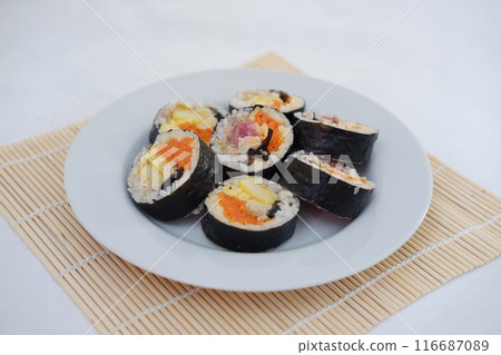 sushi rolls on white plate 116687089