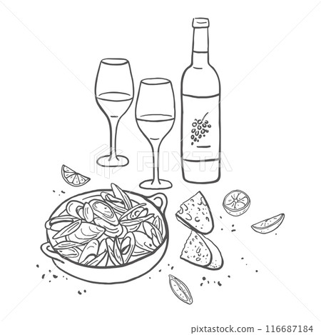 Hand drawn plate with mussels and wine 116687184