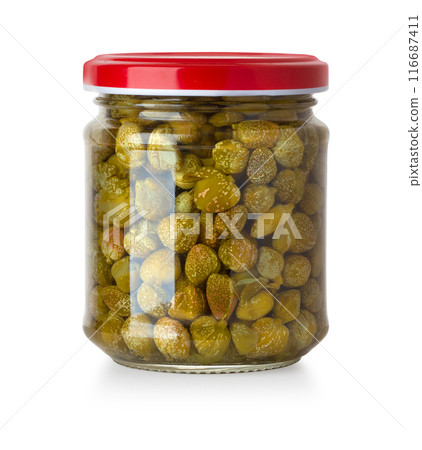 Full glass jar of pickled capers 116687411