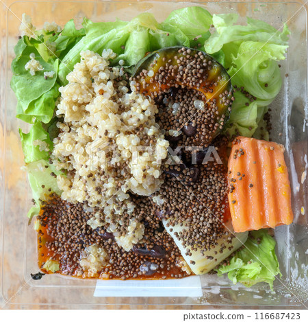 Top view of Homemade Quinoa Salad with Pumkin and carrot, focus selective Top view of Homemade Quinoa Salad with Pumkin and carrot, focus selective 116687423