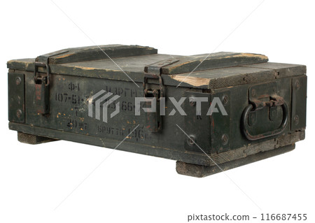 F-1 hand grenade wooden crate. Text in russian - type of ammunition, projectile caliber, projectile type, number of pieces and weight. 116687455