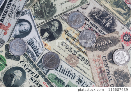 US banknotes and silver certificates with silver dollar coins US banknotes and silver certificates with silver dollar coins 116687489