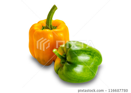 Closeup of fresh yellow and green bell pepper. 116687780